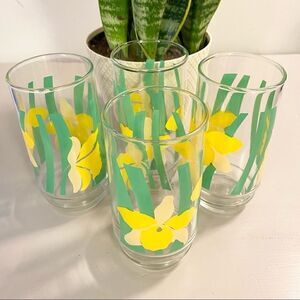 4 Vintage Tall Drinking Glasses Yellow Flowers